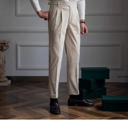 Italian Style Corduroy Naples Suit Pants Men High-waisted Adjustable Belt Straight Trousers Autumn  England Business Casual Pant