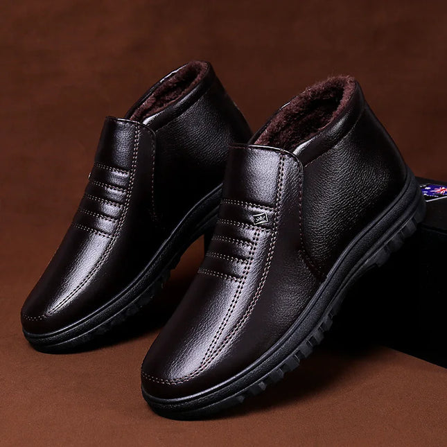 Winter Waterproof Men's Casual Pu Leather Shoes Flannel High Top Slip-on Male Casual Boots Rubber Warm New Winter Shoes for Mens-KarWorkwear