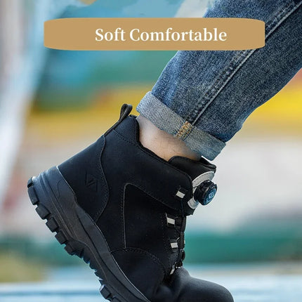 Black Leather Winter Fashion 2023 Rotating Buttons Safety Shoes Men Waterproof Work Boots Men Anti-puncture Protective Footwear-KarWorkwear