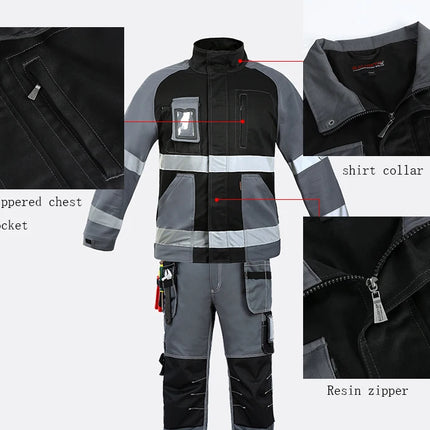 Work Jacket Men Reflective Stripes Black Gray Stitching Coveralls Outdoor CottonMulti-pockets Safety Wear-resistant Workwear