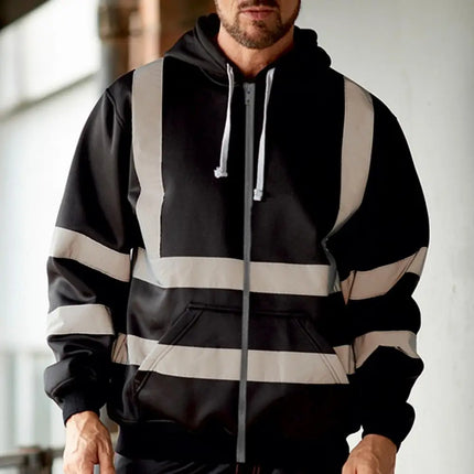 Reflective Hoodie Reflective Strip Men's Hoodie Coat with Drawstring Closure for Outdoor Work Safety Warm Cold-proof Overalls