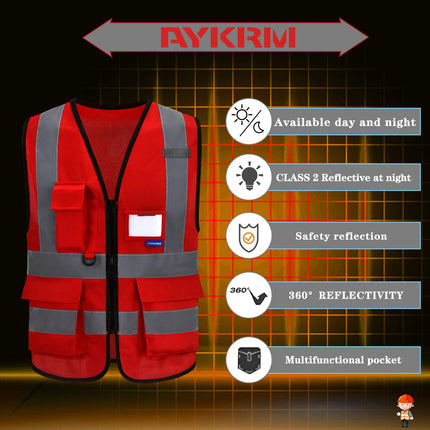 AYKRM 21 Colour （XS-8XL) Hi Vis Viz High Visibility Reflective Zip Pocket Security Waistcoats Jacket Workwear Vests