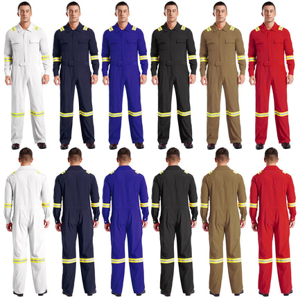 Mens Coveralls High Visibility Reflective Stripes Overalls Turn-Down Collar Long Sleeves Zipper Jumpsuits Work Mechanic Uniform