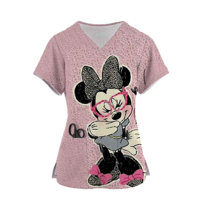 2024 Workwear Tshirt Overalls Uniforms Women's Doctor Nurse Uniform Mickey Mouse 3d Print Pocket V-Neck Nursing Scrubs Tops-KarWorkwear