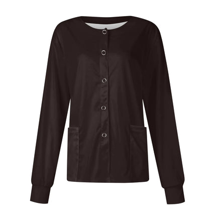 Women Long Sleeve Nurse Uniforms with Pockets Causal Round Collar Solid Single-Breasted Protective Overalls Cardigan Jackets Top