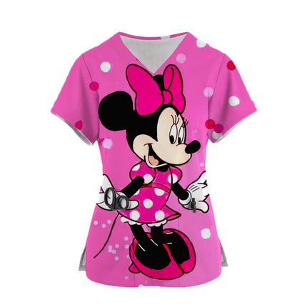 2024 Workwear Tshirt Overalls Uniforms Women's Doctor Nurse Uniform Mickey Mouse 3d Print Pocket V-Neck Nursing Scrubs Tops-KarWorkwear