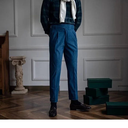 Italian Style Corduroy Naples Suit Pants Men High-waisted Adjustable Belt Straight Trousers Autumn  England Business Casual Pant