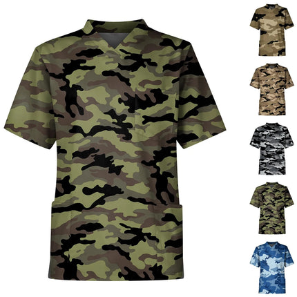 Men'S Camouflage Print Nurse Uniforms Short Sleeve Tops V-Neck Tops Working Pocket Blouse Male Men'S Clothing Uniform T-Shirts