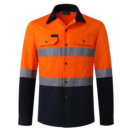Miner Hi Vis Button Work Shirt for Men Reflective Yellow and Navy Blue Two Tone Safety Cotton Shirt