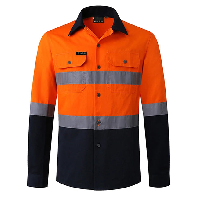 Miner Hi Vis Button Work Shirt for Men Reflective Yellow and Navy Blue Two Tone Safety Cotton Shirt