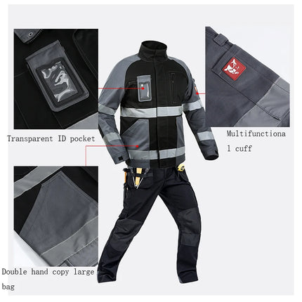 Work Jacket Men Reflective Stripes Black Gray Stitching Coveralls Outdoor CottonMulti-pockets Safety Wear-resistant Workwear