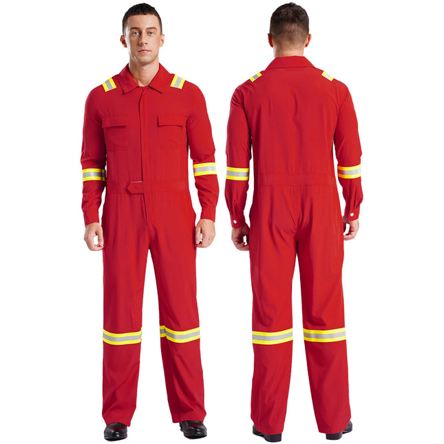 Mens Coveralls High Visibility Reflective Stripes Overalls Turn-Down Collar Long Sleeves Zipper Jumpsuits Work Mechanic Uniform