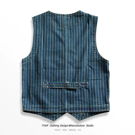 Retro American Striped Workwear Vest Waed Denim Svel Waistcoat Trendy Youth Casual V-ne Four Seasons Outerwear