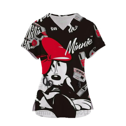 Nurse Uniform Women Disney Minnie Print Short Sleeve Neck Tops Working Uniform Blouse Scrubs Workwear Nursing Working T-shirts-KarWorkwear