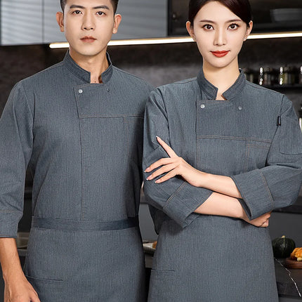 grey Chef uniform Long Sleeve chef jacket Cook Coat Chef T-shirt Baker Work Uniform Waiter Restaurant Hotel Clothes women Logo-KarWorkwear