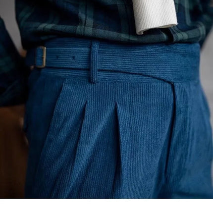 Italian Style Corduroy Naples Suit Pants Men High-waisted Adjustable Belt Straight Trousers Autumn  England Business Casual Pant
