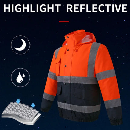 High Visibility Reflective  Jacket Men Waterproof Thickened Safety Coat for Outdoor Work Hi Vis Workwear Bomber Jacket