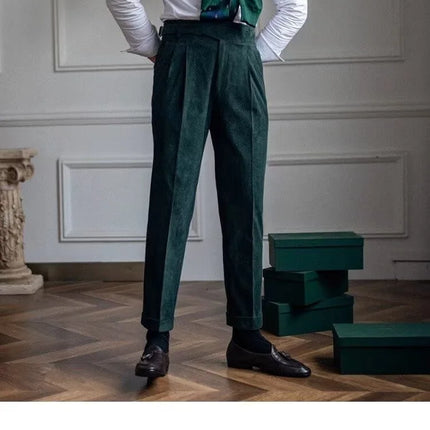 Italian Style Corduroy Naples Suit Pants Men High-waisted Adjustable Belt Straight Trousers Autumn  England Business Casual Pant