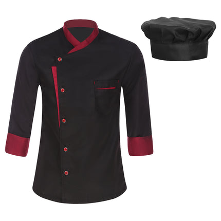 Unisex Mens Womens Chef Jacket Long Sleeve Contrast Color Coat Restaurant Kitchen Cooking Apparel Work Wear Uniform with Hat-KarWorkwear