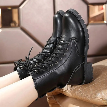 Ladies Boots Elegant with Low Heels Footwear Biker Shoes for Women Mid Calf Black Work Half High Gothic Boot Goth Gyaru Y2k Hot-KarWorkwear