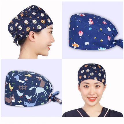 Clearance Pattern Scrub Cap Tie Back Working Hat 100% Cotton Washable Sweatband Beautician Dust Proof Scrub Caps-KarWorkwear