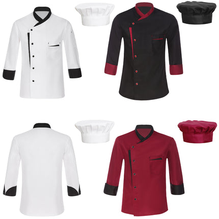 Unisex Mens Womens Chef Jacket Long Sleeve Contrast Color Coat Restaurant Kitchen Cooking Apparel Work Wear Uniform with Hat-KarWorkwear