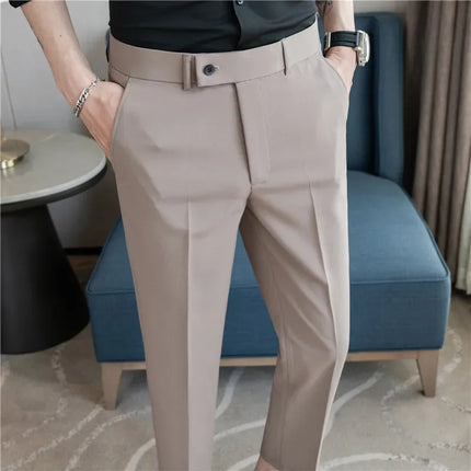 2025 Summer Thin White Elastic Nine Cent Suit Pants for Men,gray Blue Four-side Elastic Comfortable Drape Men's Casual Trousers