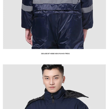 Winter Coveralls Men Waterproof Windproof Reflective Cotton Padded Hooded Coveralls Thicken Thermal Work Uniform Hi Vis Workwear