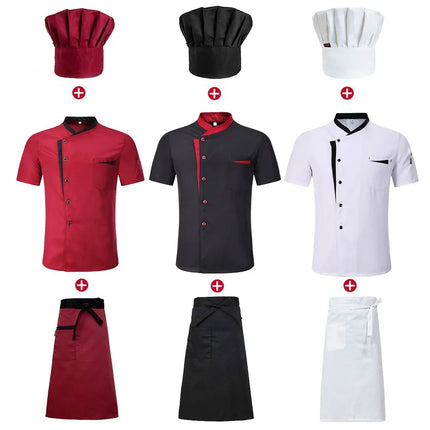 Short Sleeve Chef Jacket Set Hotel Kitchen Work Uniform Cook Restaurant Cooking Shirts+Hat+Apron-KarWorkwear