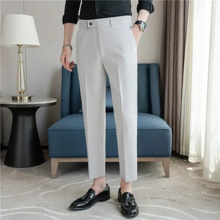 2025 Summer Thin White Elastic Nine Cent Suit Pants for Men,gray Blue Four-side Elastic Comfortable Drape Men's Casual Trousers