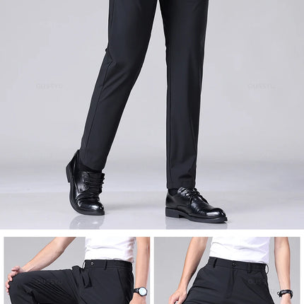 Spring Summer Men's Casual Pants Business Stretch Slim Fit Elastic Waist Jogger Korean Classic Thin Black Gray Trousers Male