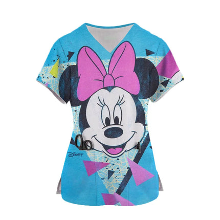 2024 Women's Doctor Nurse Uniform Mickey Mouse 3d Print Pocket V-Neck Nursing Scrubs Tops Workwear Tshirt Overalls Uniforms-KarWorkwear