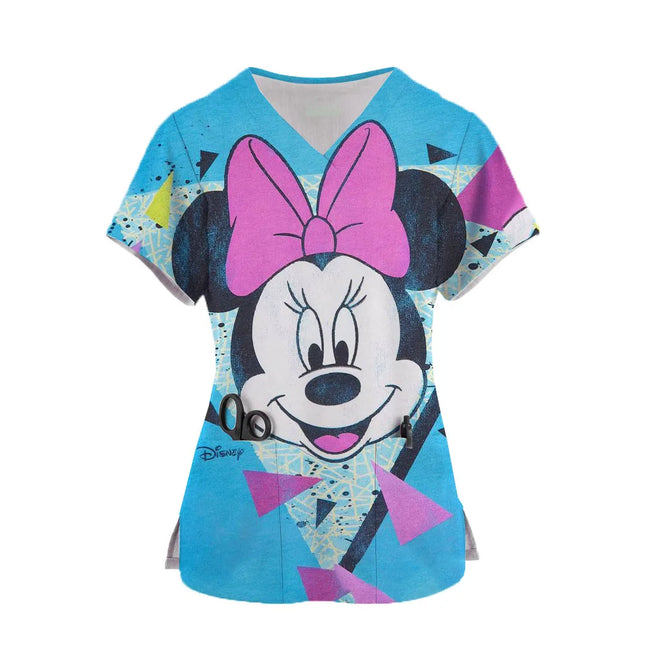 2024 Women's Doctor Nurse Uniform Mickey Mouse 3d Print Pocket V-Neck Nursing Scrubs Tops Workwear Tshirt Overalls Uniforms-KarWorkwear