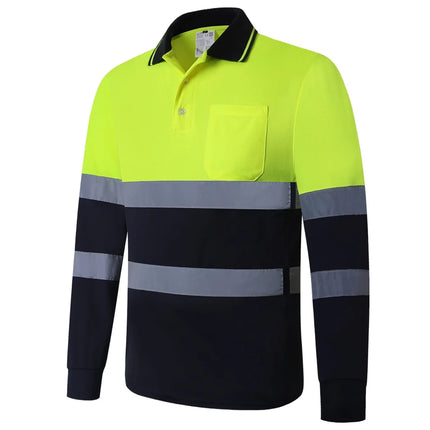 Hi Vis Workwear Shirts for Men Construction Fluorescent Yellow Navy Long Sleeve Reflective Polo Safety Work Shirt