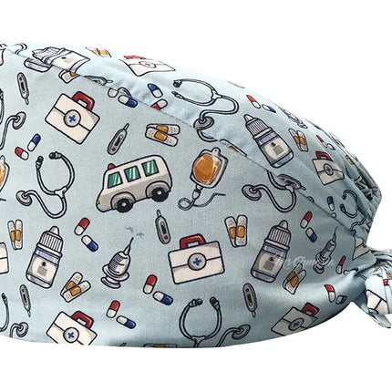 Cartoon Doctor Operating Room Pattern Printed Nursing Head Cap Lab Scrub Pet Hospital Surgical Hat Unisex Dentist Scrub Cap 2023