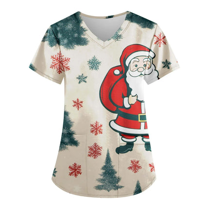 Christmas Nurse Scrubs Tops Women Medical Uniform Santa Claus Print V-Neck Nurse Uniform Hospital Healthcare Spa T-Shirt Blouse-KarWorkwear