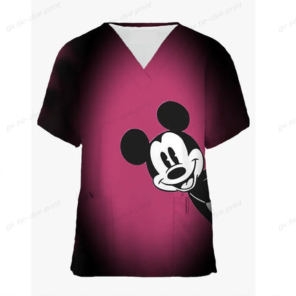 Miniso Disney Mickey Mouse 3DPrint Nurse Medical Uniforms V-neck Short Sleeve Pocket Workwear Scrubs Medical Accessories Uniform-KarWorkwear