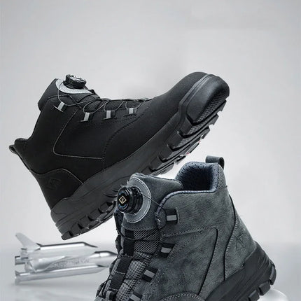 Black Leather Winter Fashion 2023 Rotating Buttons Safety Shoes Men Waterproof Work Boots Men Anti-puncture Protective Footwear-KarWorkwear