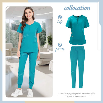 Short Sleeve Scrubs Set Surgical Clothes Nurse Nursing Uniforms Women V-neck Pocket Workwear Dentist Medical Uniforms Tops Pants-KarWorkwear