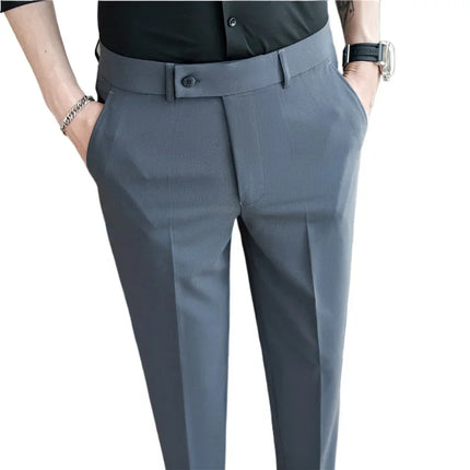 2025 Summer Thin White Elastic Nine Cent Suit Pants for Men,gray Blue Four-side Elastic Comfortable Drape Men's Casual Trousers