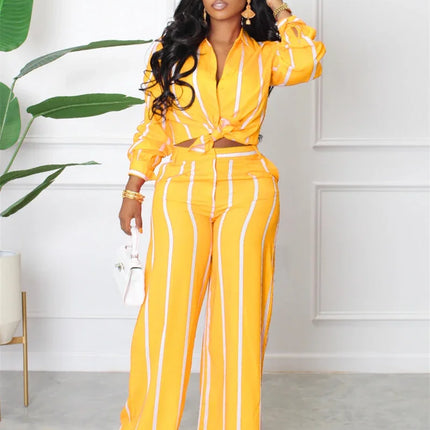 Elegant Work Wear Two Piece Set for Women Matching Sets Striped Print Shirt Top and Wide Leg Pants Office Lady Casual Outfits