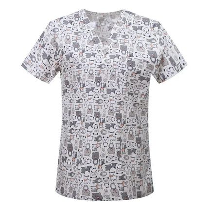 Pet Clinic Vet Work Uniforms Women Nurse Accessories Animal Printed Hospital Doctor Nursing T-Shirt Medical Scrubs Clothes Tops-KarWorkwear
