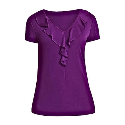 NNT Womens Matt Jersey Cap Sleeve Ruffle Neck T-Top Purple Blouse CATU5S-KarWorkwear