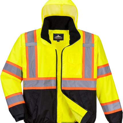 US367 Hi Vis 2 in 1 Bomber Jacket Waterproof Two Way Zip with Pack Away Hood, Yellow/Black, 7XL
