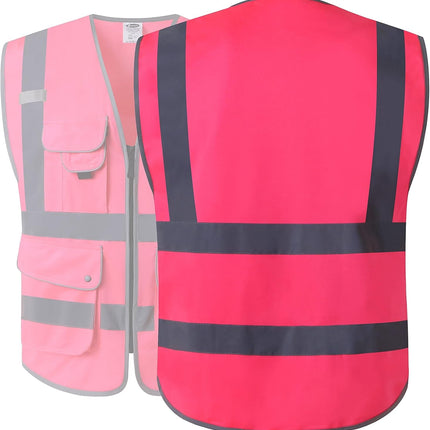 9 Pockets Class 2 High Visibility Zipper Front Safety Vest with Reflective Strips, Meets ANSI/ISEA Standards (Large, 150-Pink)