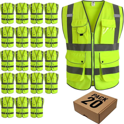 9 Pockets Class 2 High Visibility Zipper Front Safety Vest with Reflective Strips, Meets ANSI/ISEA Standards (Large, 150-Pink)