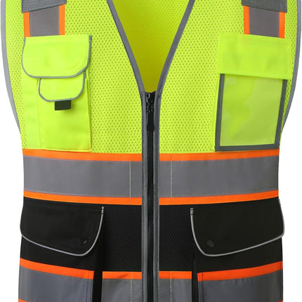 9 Pockets Class 2 High Visibility Zipper Front Safety Vest with Reflective Strips, Meets ANSI/ISEA Standards (Large, 150-Pink)