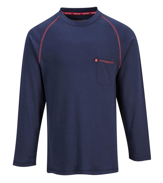 FR01 Mens Flame Resistant Bizflame Long Sleeved Crew Neck T Shirt ASTM, Navy, Large