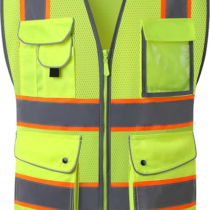 9 Pockets Class 2 High Visibility Zipper Front Safety Vest with Reflective Strips, Meets ANSI/ISEA Standards (Large, 150-Pink)