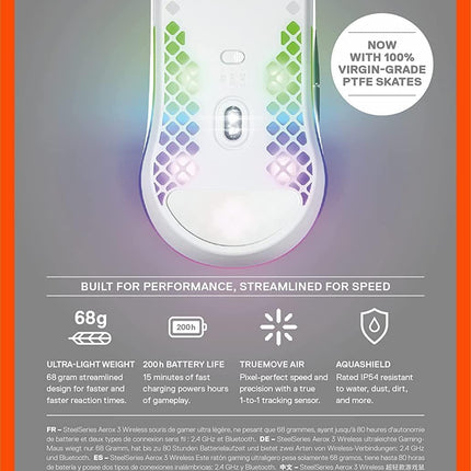Aerox 3 Wireless - Holey RGB Gaming Mouse - Ultra-Lightweight Water Resistant Design - 18K DPI Truemove Air Optical Sensor -Snow
